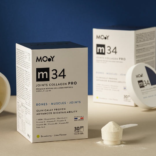 m34 PRO Colagen hidrolizat bovin premium, dovedit clinic, articulatii, 7.000mg tip I, II si III, aroma capsuni si lime, 30 portii, 390 g, Molecules of Youth, natural